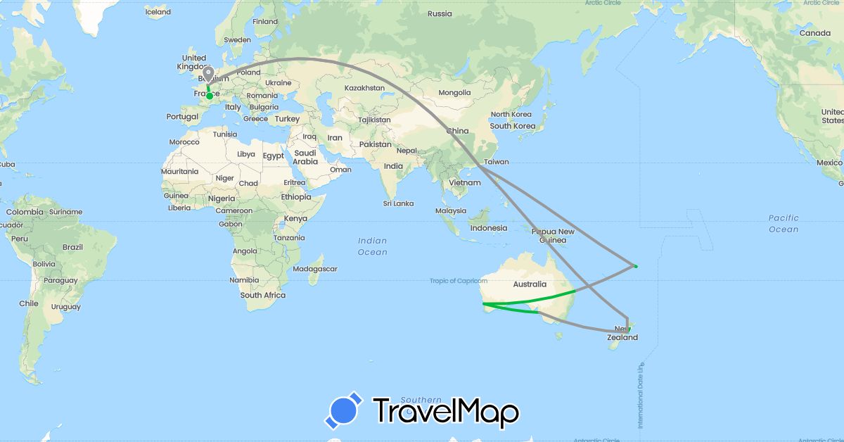 TravelMap itinerary: driving, bus, plane in Australia, China, Fiji, France, New Zealand (Asia, Europe, Oceania)